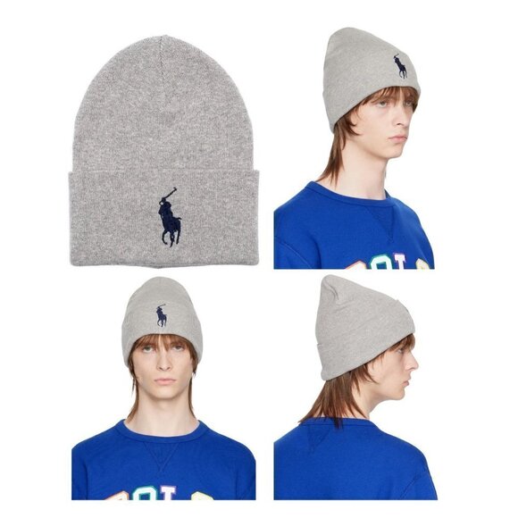 New POLO Ralph Lauren Big Pony Gray Beanie Hat Cap Blue Pony Logo - OSFM